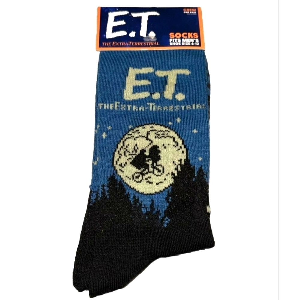 4/$25 E.T. Themed Novelty Crew Socks in Blue and Black Unisex New ET The Movie